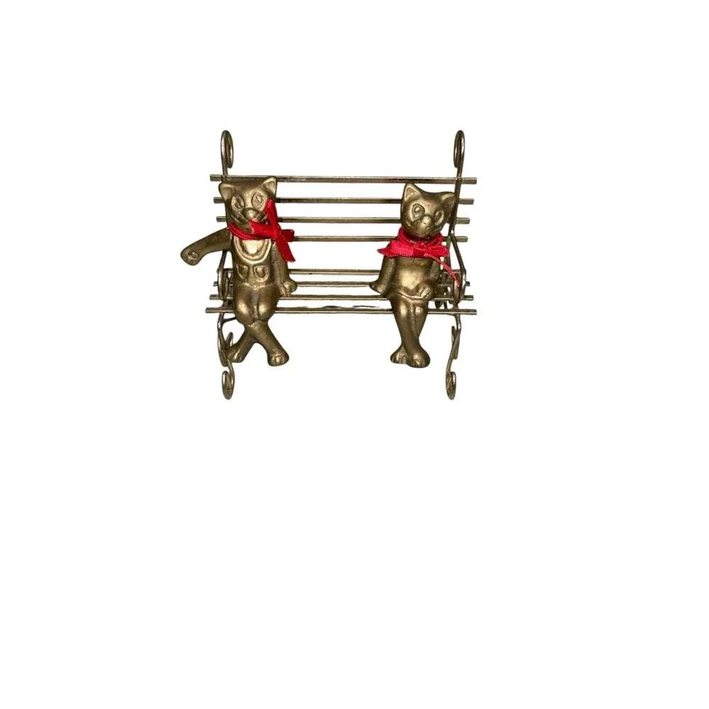 Brass Cats Kittens Sitting Cross Leg Metal Bench Red Ties Taiwan‎ Pair Trinket